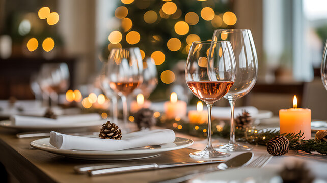 Elegant holiday dinner table setting with wine glasses and festive bokeh lights