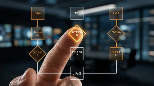 Finger touching a digital flowchart on a transparent screen.