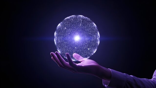 Empowering digital transformation with a glowing data sphere held in a hand, conveying innovation, technology, and the future of connectivity for global business solutions and scientific advancement