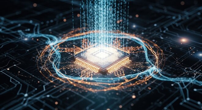 A computer chip with binary code and light trails on a circuit board. - Powered by Adobe