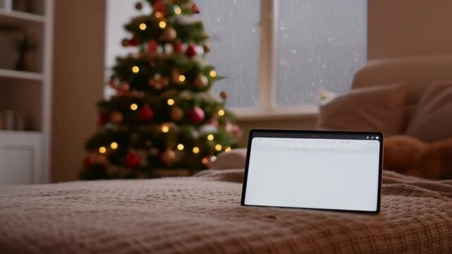 A tablet on a cozy sofa displays a blank browser page for your content. Falling snow outside adds a peaceful, festive atmosphere.