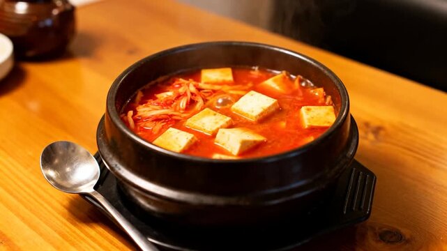 fiery red kimchi jjigae stew bubbling korean setting perfect for hot and spicy food day