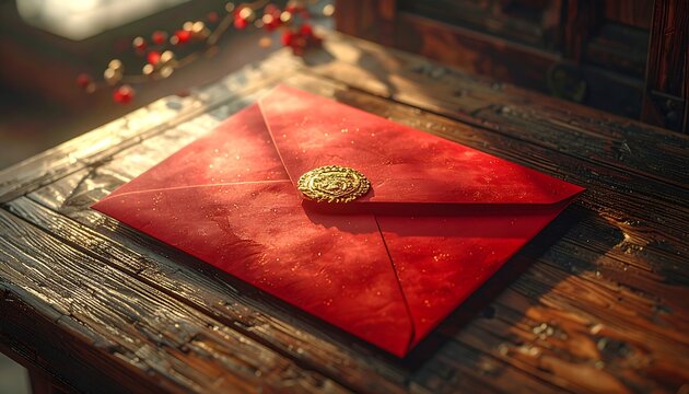 A close-up shows a vibrant red envelope sealed with a golden wax seal on a weathered wooden surface, sunlit and detailed
