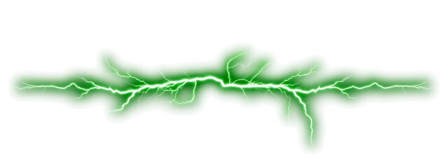 Vibrant green glowing lightning bolt crackling with energy and electricity on a transparent background