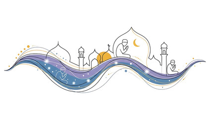 Eid Mubarak celebration art with mosque and praying people, perfect for Ramadan design