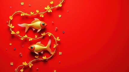 Two golden fish decorations on a red background with floral garland