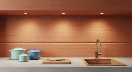 A modern kitchen interior featuring wooden cabinets, a sink and faucet, perfect for cooking preparations.