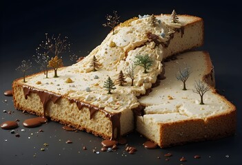 Whimsical edible landscape crafted from frosted bread and adorned with miniature trees. A sweet, delicious fantasy foodscape, perfect for unique culinary projects.