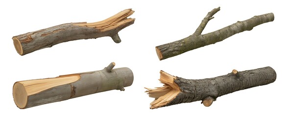 Obraz premium Four distinct natural wooden logs and branches with rough textures and varied shapes isolated on white background