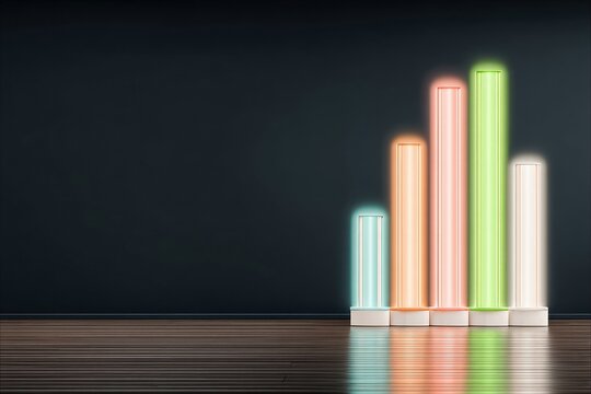 A bar chart composed of glowing, colorful columns is displayed on a wooden floor against a dark background. The scene is lit with a soft glow.