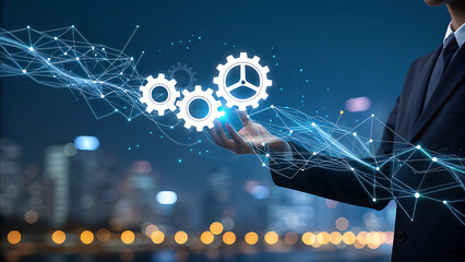 Businessman holding gears with city background, representing business process