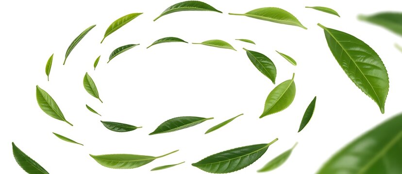 Abstract swirling vortex of fresh green tea leaves creating a dynamic spiral pattern against a clean white background