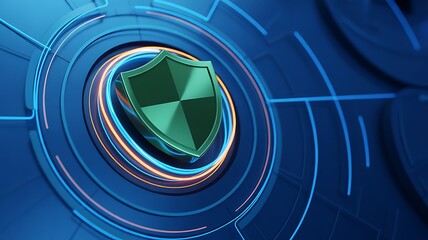 Futuristic digital shield emblem glowing with vibrant neon light on a dark blue abstract technological background