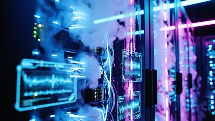 Neon lit data server room with graphical interfaces, cables, and condensation - Powered by Adobe