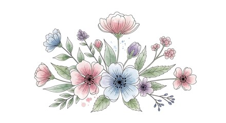 Watercolor floral arrangement with pastel colors for wedding invitations.