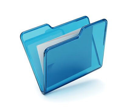 Transparent blue plastic folder with white documents inside on a clean white background studio shot