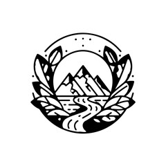Minimalist Circular Emblem Illustration Showcasing Majestic Mountains, a Flowing River, and Organic Foliage, Capturing the Serene Beauty and Spirit of Outdoor Exploration and Natural Landscapes