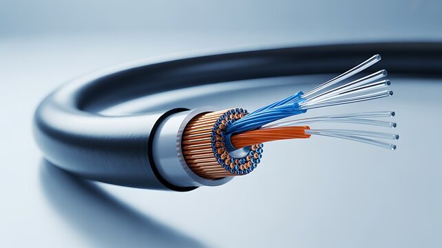 Close up detailed view of a high quality audio cable with exposed copper wiring and colorful insulated strands ready for connection