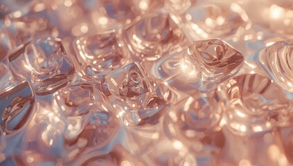 The image showcases a  view of multiple transparent, shiny, and reflective shapes with curved surfaces. Light refracts through the elements, casting warm and cool tones across the composition.