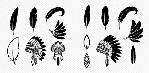 Black and white vector illustrations of Native American feathers and traditional headdresses.
