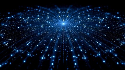 Fototapeta premium Abstract glowing blue light particles streaming from a central point in dark digital space