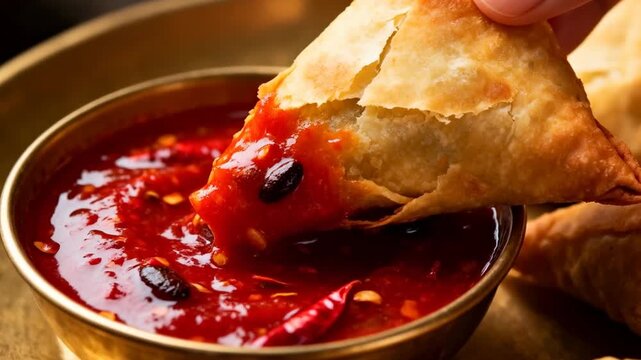 hot spicy samosa dipping tamarind chili chutney perfect for hot and spicy food day