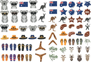 A vibrant collection of Australia-themed cartoon icons featuring animals, symbols, and objects