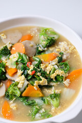Capcay is a popular Chinese stir fried vegetables dish.Served on white plate.
