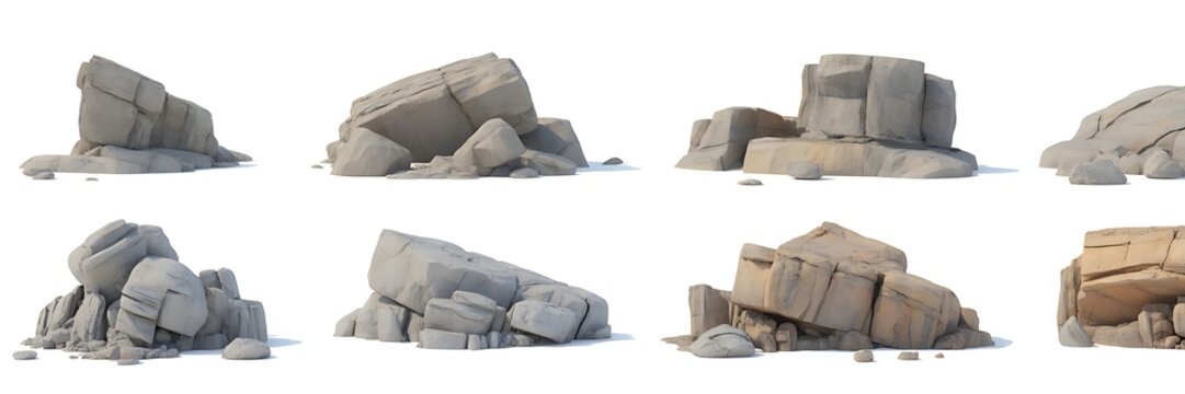 Collection of diverse weathered rock formations and geological stone structures isolated on a clean white background studio setting