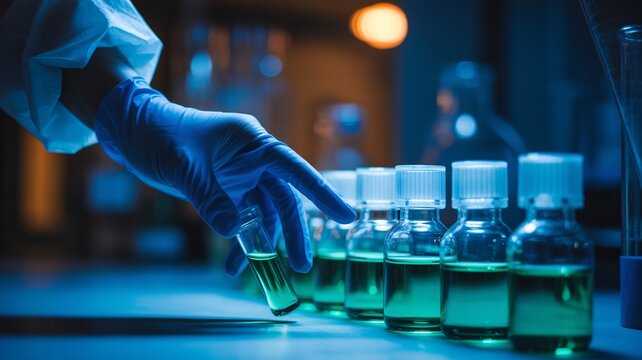 Scientist analyzing green liquid samples in modern lab for medical breakthrough