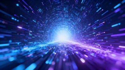 Glowing blue and violet light particles streaming through a futuristic hyperspace tunnel creating a dynamic motion background
