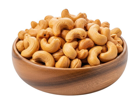 A wooden bowl filled with roasted and salted cashew nuts, perfectly isolated on a transparent background for a clean presentation