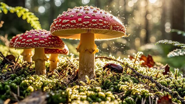 Vibrant Red Mushrooms in a Lush Forest Setting with Sunlight.