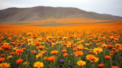 Vast field of vibrant orange poppies blooming in a desert landscape with mountains in the background