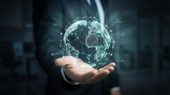 Businessman holding digital globe in hand, representing global network.