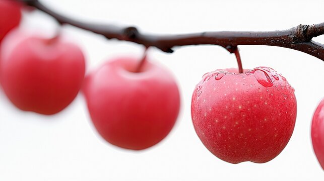 Close-up of red apples hanging from a branch against a white background, with water droplets visible. Focus on freshness and nature.