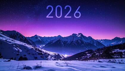 Winter landscape with year 2026 above mountain peaks