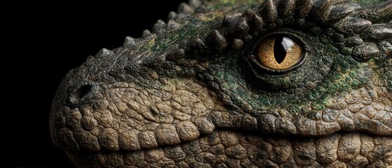 Extreme close up of a dinosaur head profile shows detailed scaly skin texture and a yellow reptilian eye