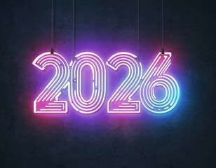 Neon sign displaying the year 2026 in vibrant colors