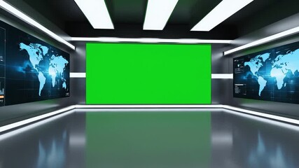 Empty high-tech virtual TV studio with large green screen and global data interfaces for news broadcasting concept and future technology - Powered by Adobe