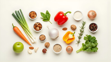 An overhead shot displays a colorful array of fresh produce and nuts, including carrots, bell peppers, onions, and various spices, arranged on a light surface.