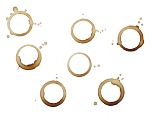Set of seven brown coffee cup rings stains and splashes isolated on transparent background for design element