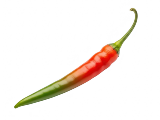 Single fresh chili pepper with gradient color from green to red, isolated on transparent background