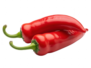Two vibrant red chili peppers with green stems resting on a clean transparent background, perfect for culinary use