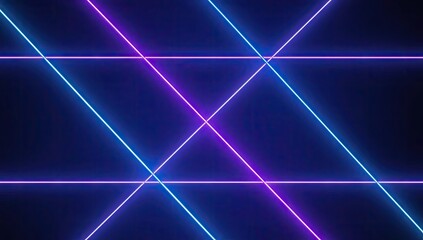 Vibrant abstract background features intersecting diagonal and horizontal neon lines in electric blue and radiant purple hues against a deep, dark backdrop, creating a modern, geometric design 