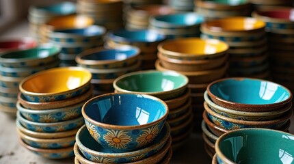 Colorful handmade ceramic bowls stacked in a market display