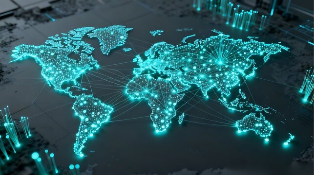 Global network of interconnected digital circuits illuminating the planet's continents and oceans with futuristic technology - Powered by Adobe