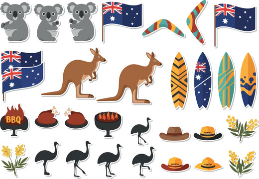 Colorful Illustration Featuring Australian Icons and Symbols