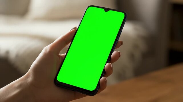 Close up of female hand holding a modern smartphone with a vibrant green screen for digital content display concept and app mockup
