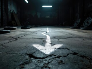Arrow symbol on cracked concrete street pointing down